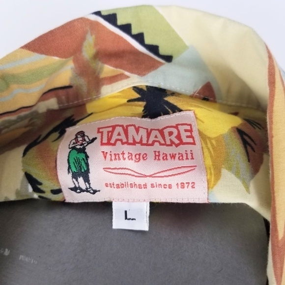 70’s TAMARE VINTAGE HAWAIIAN Tropical Shirt Mens L Pale Yellow- Butterfly Collar - Picture 5 of 7